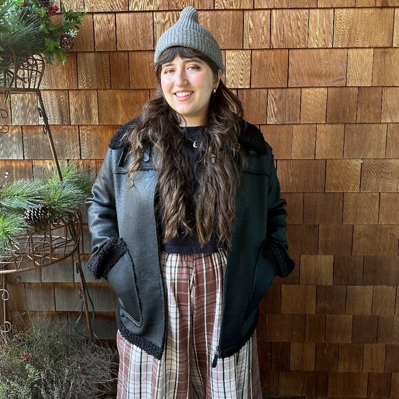 NWT Max Studio London Faux Shearling Faux Leather Zip Front in Women's Large - Picture 1 of 13